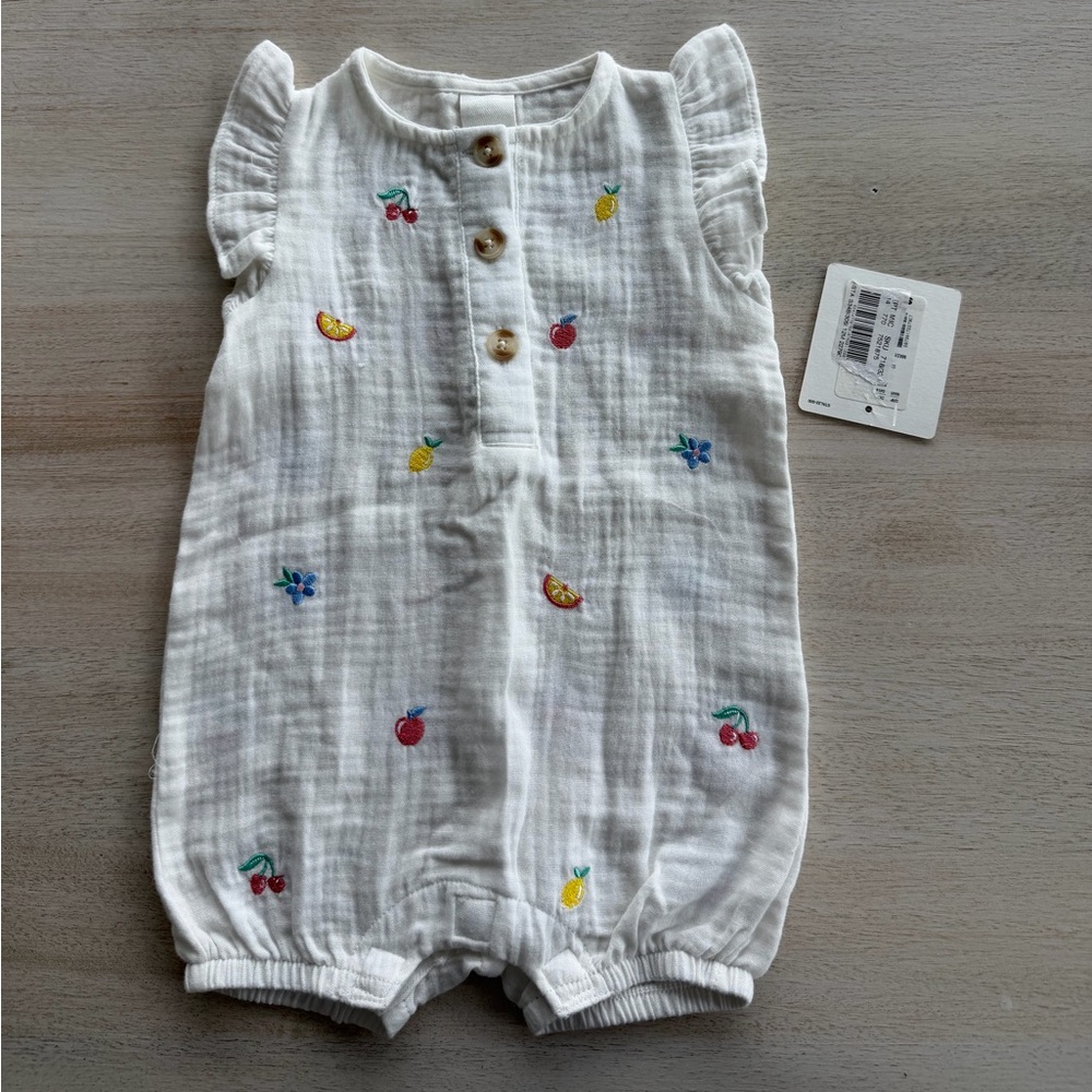 Starting Out White Baby Cotton Romper with Fruit Embroidery, Size 12 Months NWT